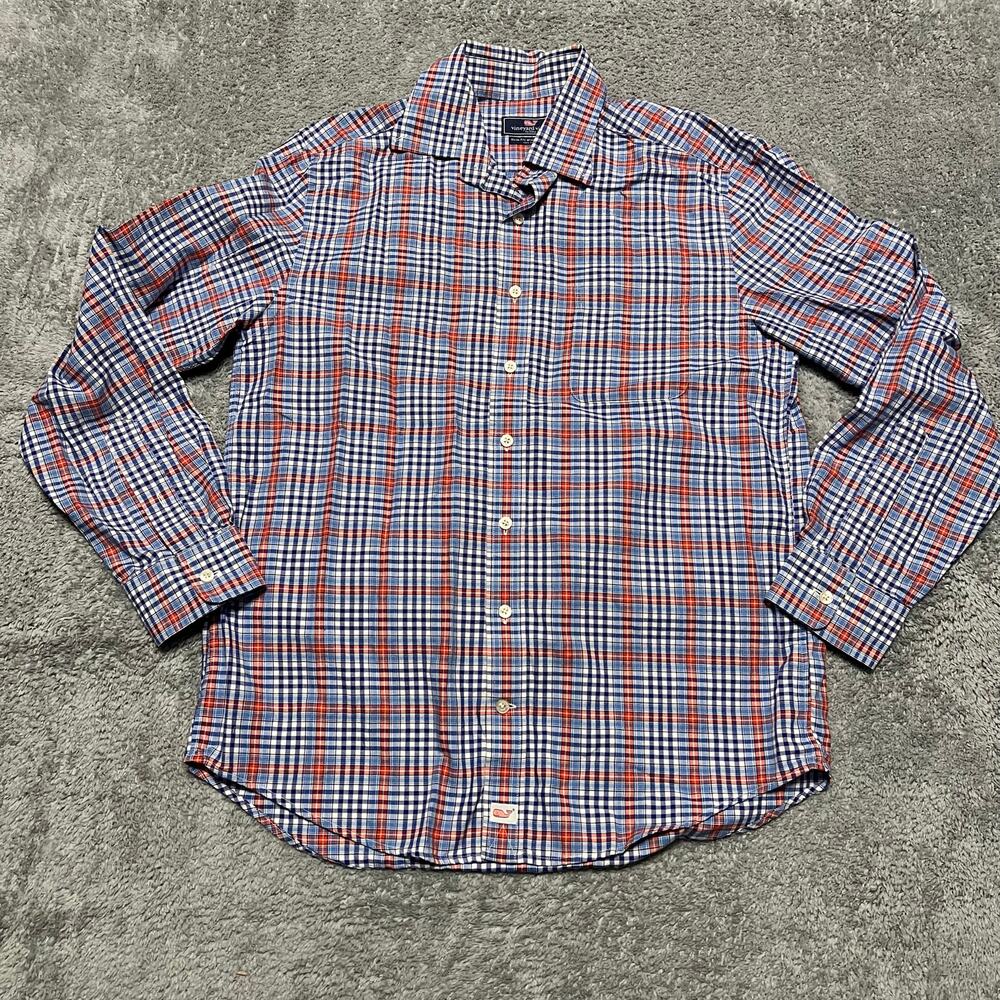 Vineyard Vines Shirt Mens Medium Plaid Slim Murray Blue Red Long Sleeve Button